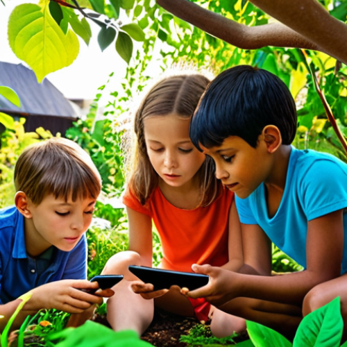 Home 14 **
A group of diverse children exploring a lush garden, some using tablets to identify plants with an app, others building a small shelter out of branches. The scene should convey curiosity, teamwork, and a sense of wonder in nature. Sunlight filters through the leaves, highlighting the vibrant colors of the plants and the children’s engaged expressions.
**