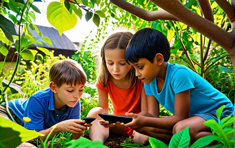 **

A group of diverse children exploring a lush garden, some using tablets to identify plants with an app, others building a small shelter out of branches. The scene should convey curiosity, teamwork, and a sense of wonder in nature. Sunlight filters through the leaves, highlighting the vibrant colors of the plants and the children’s engaged expressions.

**