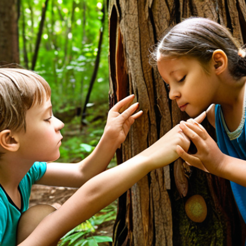 Home 7 A serene, sun-dappled forest scene, focusing on sensory exploration. A diverse group of young children (ages 6-10) are deeply engaged, one child gently touching tree bark, another smelling a wild flower, and a third with eyes closed, listening intently to the sounds of the forest. A warm, encouraging educator observes them, fostering a sense of wonder and connection. Soft, natural light filters through the leaves.