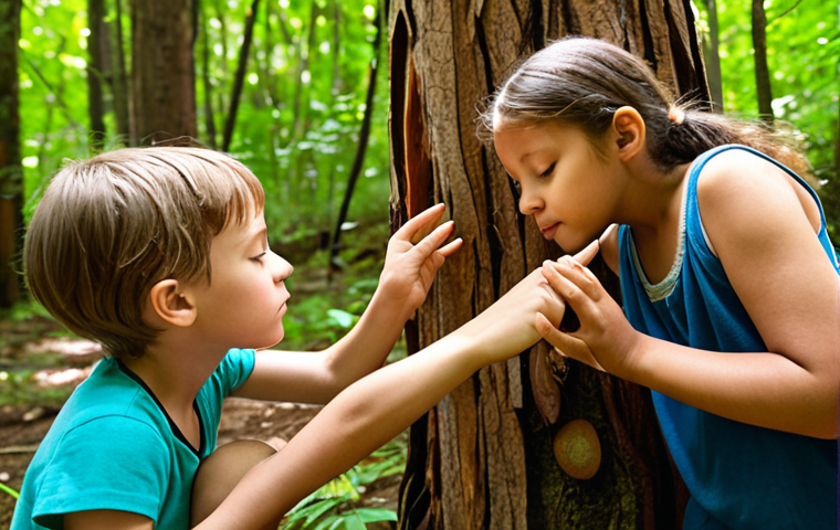 A serene, sun-dappled forest scene, focusing on sensory exploration. A diverse group of young children (ages 6-10) are deeply engaged, one child gently touching tree bark, another smelling a wild flower, and a third with eyes closed, listening intently to the sounds of the forest. A warm, encouraging educator observes them, fostering a sense of wonder and connection. Soft, natural light filters through the leaves.