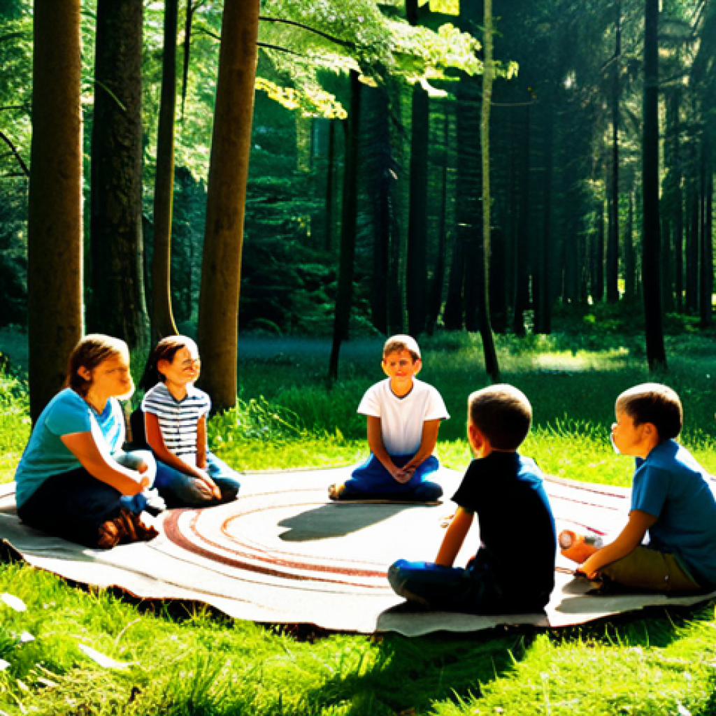 숲교육에서의 경청 교육 - **Listening Circle in the Forest:** "A group of fully clothed children and adults sitting in a circl...