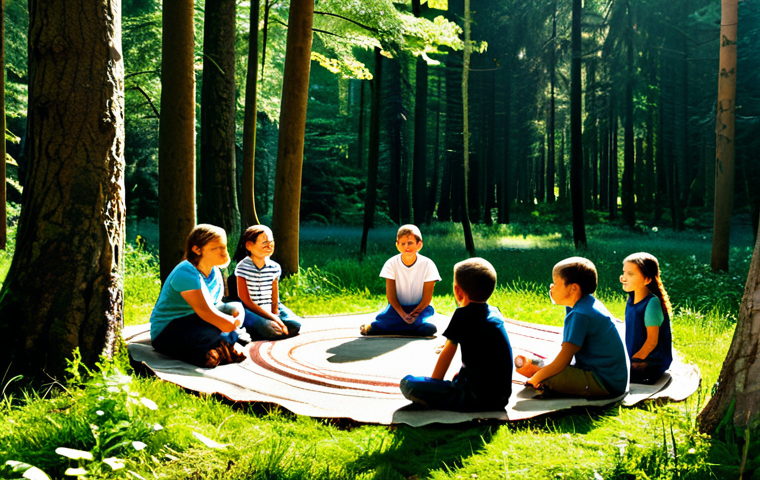 숲교육에서의 경청 교육 - **Listening Circle in the Forest:** "A group of fully clothed children and adults sitting in a circl...
