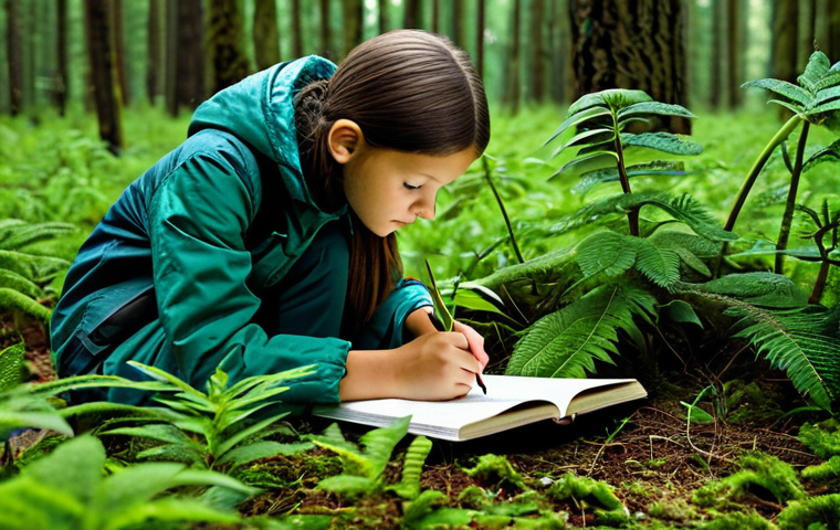 숲교육에서의 경청 교육 - **Sensory Mandala Creation:** "A child in appropriate attire creating a nature mandala using leaves,...