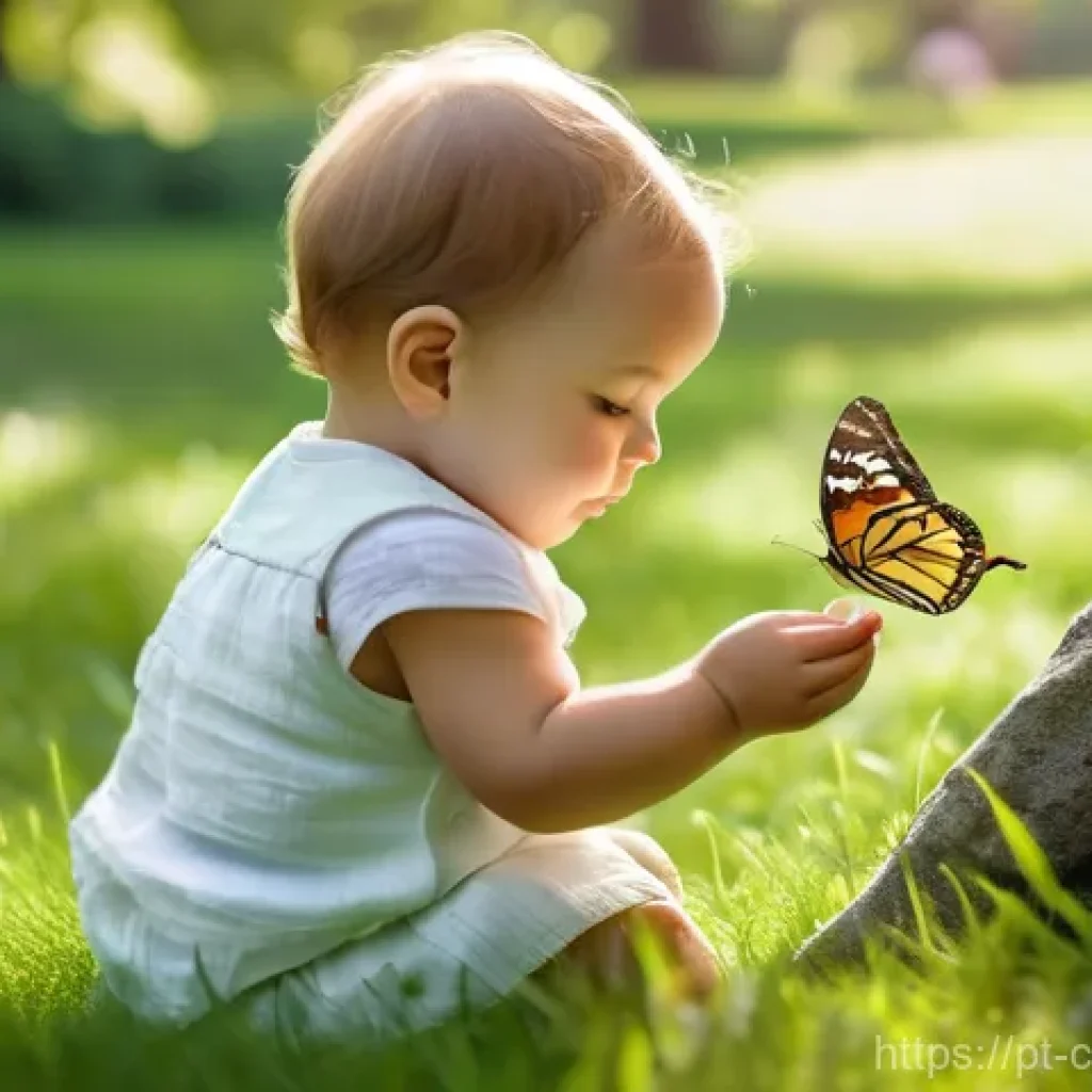 숲교육에서의 감각 경험 - **Prompt:** A toddler, wearing a clean, white diaper, sits happily on soft, green grass in a sun-dap...
