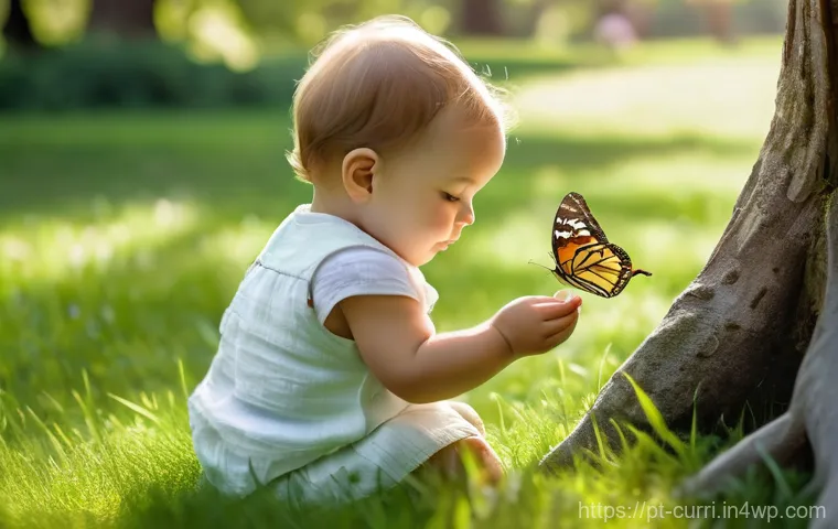 숲교육에서의 감각 경험 - **Prompt:** A toddler, wearing a clean, white diaper, sits happily on soft, green grass in a sun-dap...
