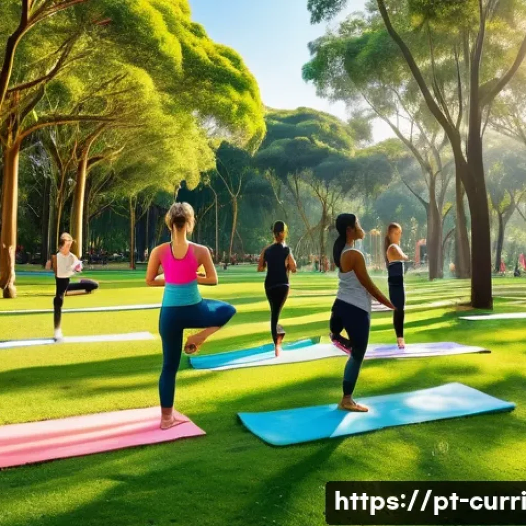 숲교육을 통한 건강 교육 - A serene scene of a diverse group of people walking and practicing yoga in a lush, expansive Brazili...