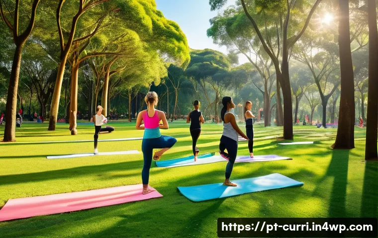 숲교육을 통한 건강 교육 - A serene scene of a diverse group of people walking and practicing yoga in a lush, expansive Brazili...