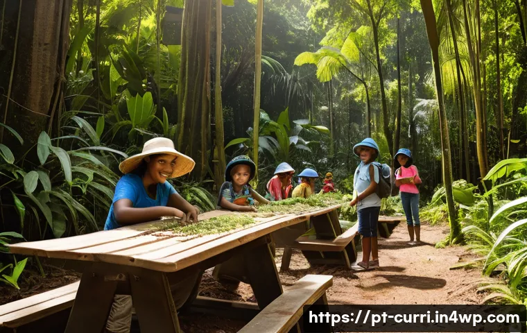 숲교육 프로그램 운영 방법 - A vibrant outdoor environmental education workshop set in a lush Brazilian Atlantic Forest reserve, ...