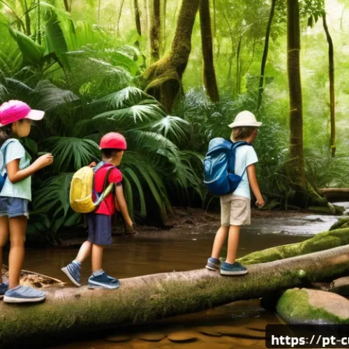 Home 33 숲교육에서의 공감 능력 함양 - A group of diverse children aged around 7-10, wearing casual outdoor clothing and sturdy shoes, acti...