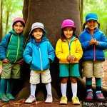 Home 19 실외 활동 중심의 숲교육 커리큘럼 - A group of young children, wearing colorful outdoor clothing and comfortable shoes, exploring a lush...