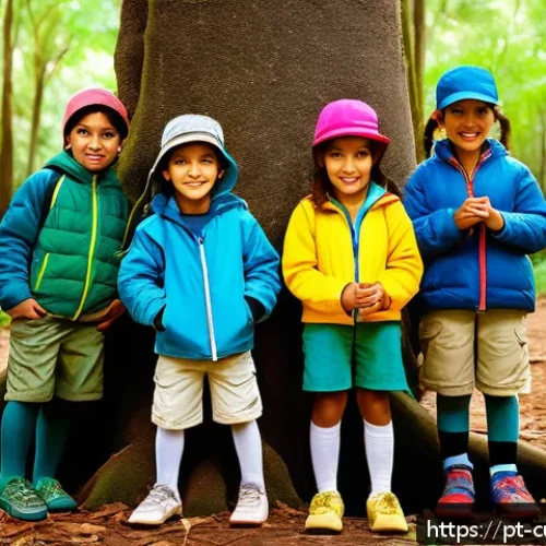 Home 31 실외 활동 중심의 숲교육 커리큘럼 - A group of young children, wearing colorful outdoor clothing and comfortable shoes, exploring a lush...