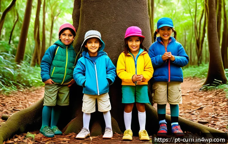 실외 활동 중심의 숲교육 커리큘럼 - A group of young children, wearing colorful outdoor clothing and comfortable shoes, exploring a lush...