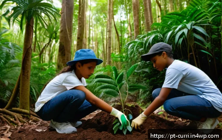 숲교육에서의 비판적 사고 - A group of diverse Brazilian teenagers wearing casual outdoor clothing and sturdy shoes, engaged in ...