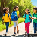 Home 23 숲교육에서의 협동 학습 - A diverse group of school-aged children wearing casual outdoor clothing and sturdy shoes, each with ...