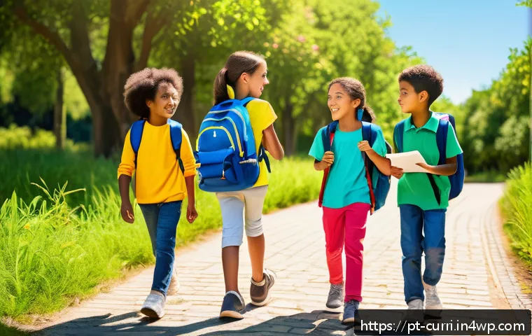 숲교육에서의 협동 학습 - A diverse group of school-aged children wearing casual outdoor clothing and sturdy shoes, each with ...