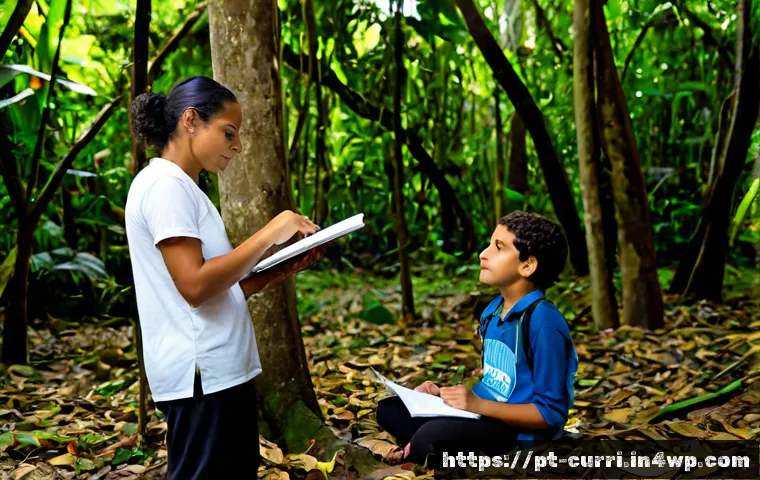 Home 30 숲교육에서의 질적 연구 - Photorealistic qualitative research scene in a lush Atlantic Forest reserve in Brazil, a diverse gro...