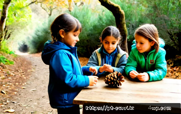 Home 17 숲교육과 감성 발달 - Photorealistic early childhood forest education in a lush Portuguese woodland, a warm female educato...