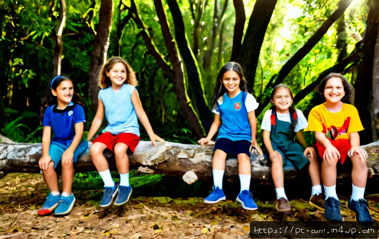 Home 17 숲교육에서의 신체 활동 - Photorealistic outdoor forest education activity in a lush Portuguese woodland, diverse group of ele...