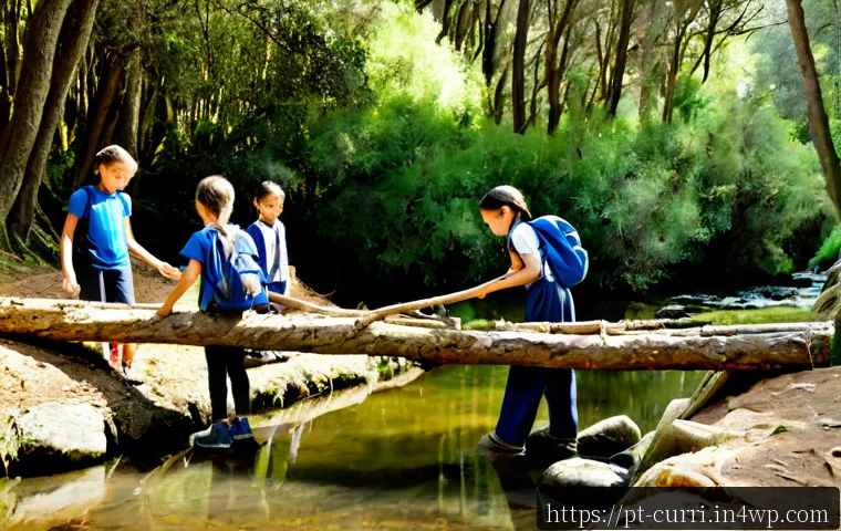 숲교육에서의 창의적 문제 해결 - Photorealistic forest education scene in Portugal, a diverse group of primary school children wearin...