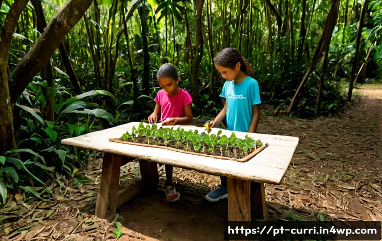 Home 17 숲교육 커리큘럼의 지속 가능한 개발 - Photorealistic outdoor forest education class in a lush Atlantic Forest reserve in Brazil, diverse P...